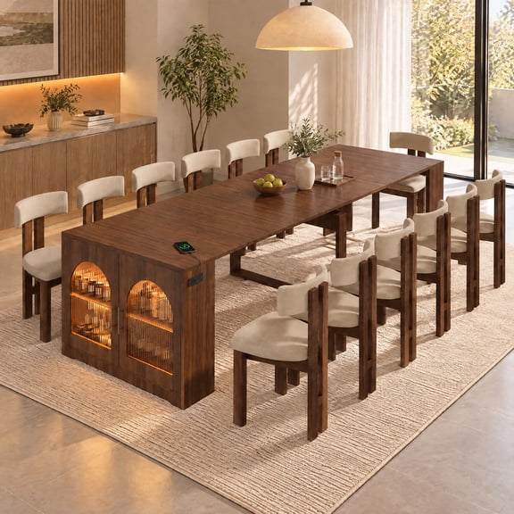 Advwin 23.6" to 118.1" Extendable Dining Table for 2-12 People, Modern Folding Table with Fluted Glass Storage Cabinet, LED Lights & Power Outlet, Space-Saving Table for Parties & Gatherings, Walnut