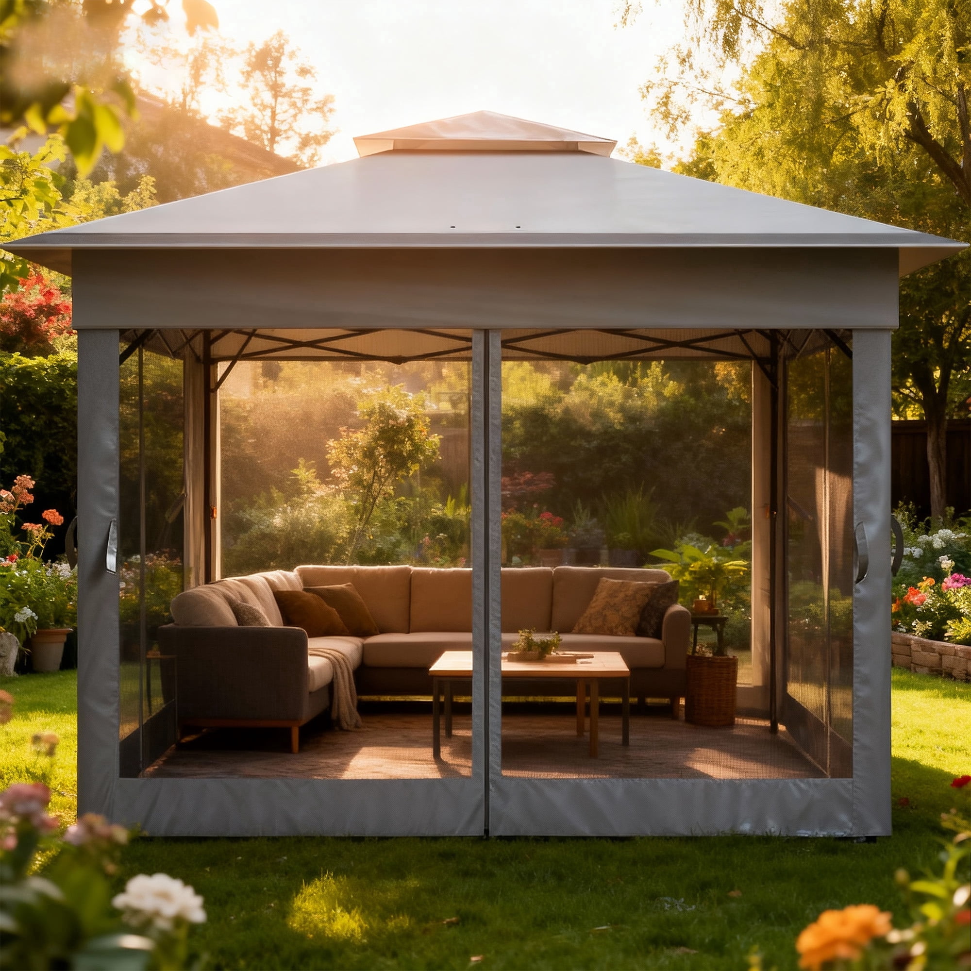 Advwin 11x11 Pop Up Gazebo Tent with Netting, Instant Outdoor Canopy Shelter with Wheeled Carry Bag, Double Roof Vent, 3 Adjustable Heights, Portable Canopy for Patio,Gray