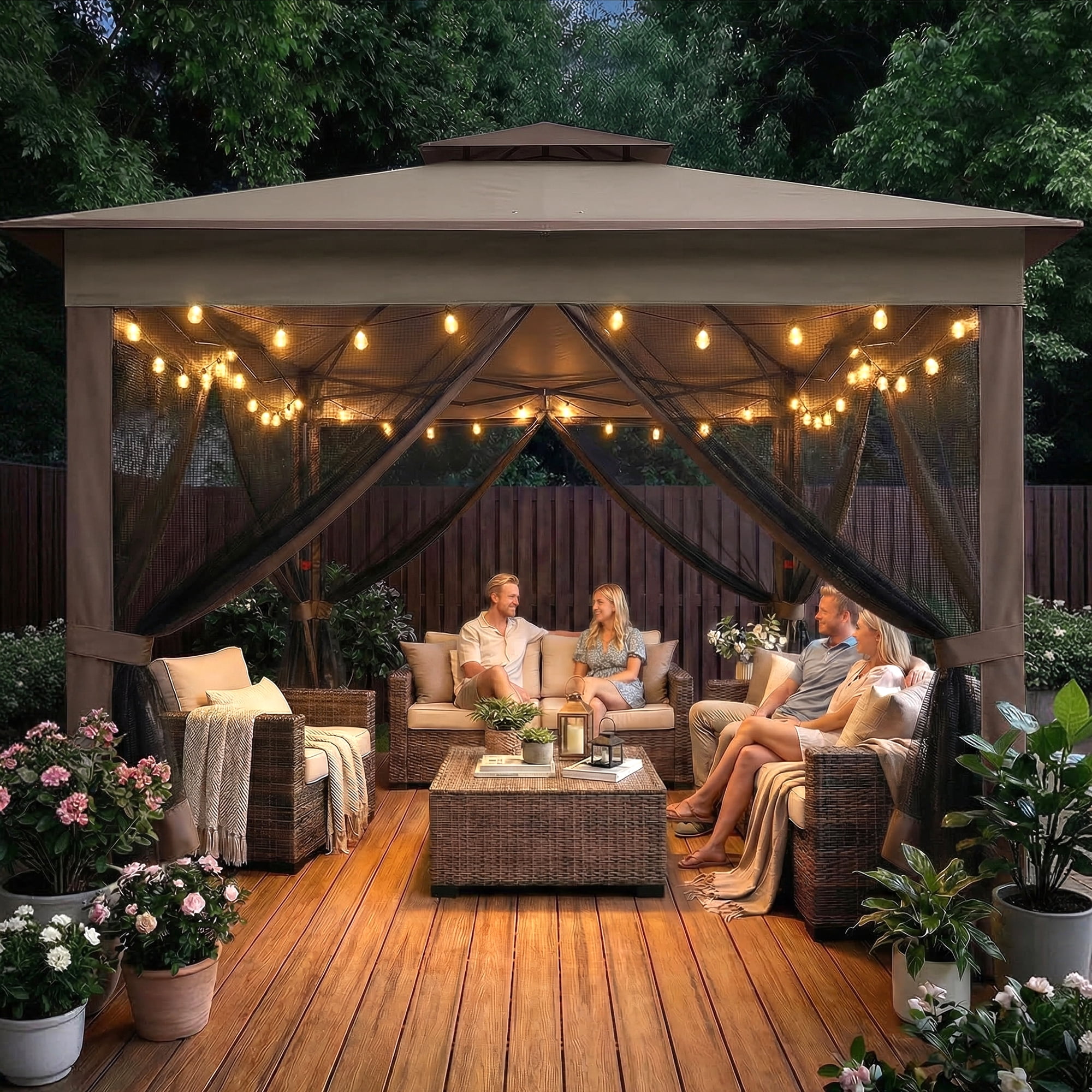 Advwin 11x11 Pop Up Gazebo Tent with Netting, Instant Outdoor Canopy Shelter with Wheeled Carry Bag, Double Roof Vent, 3 Adjustable Heights, Portable Canopy for Patio