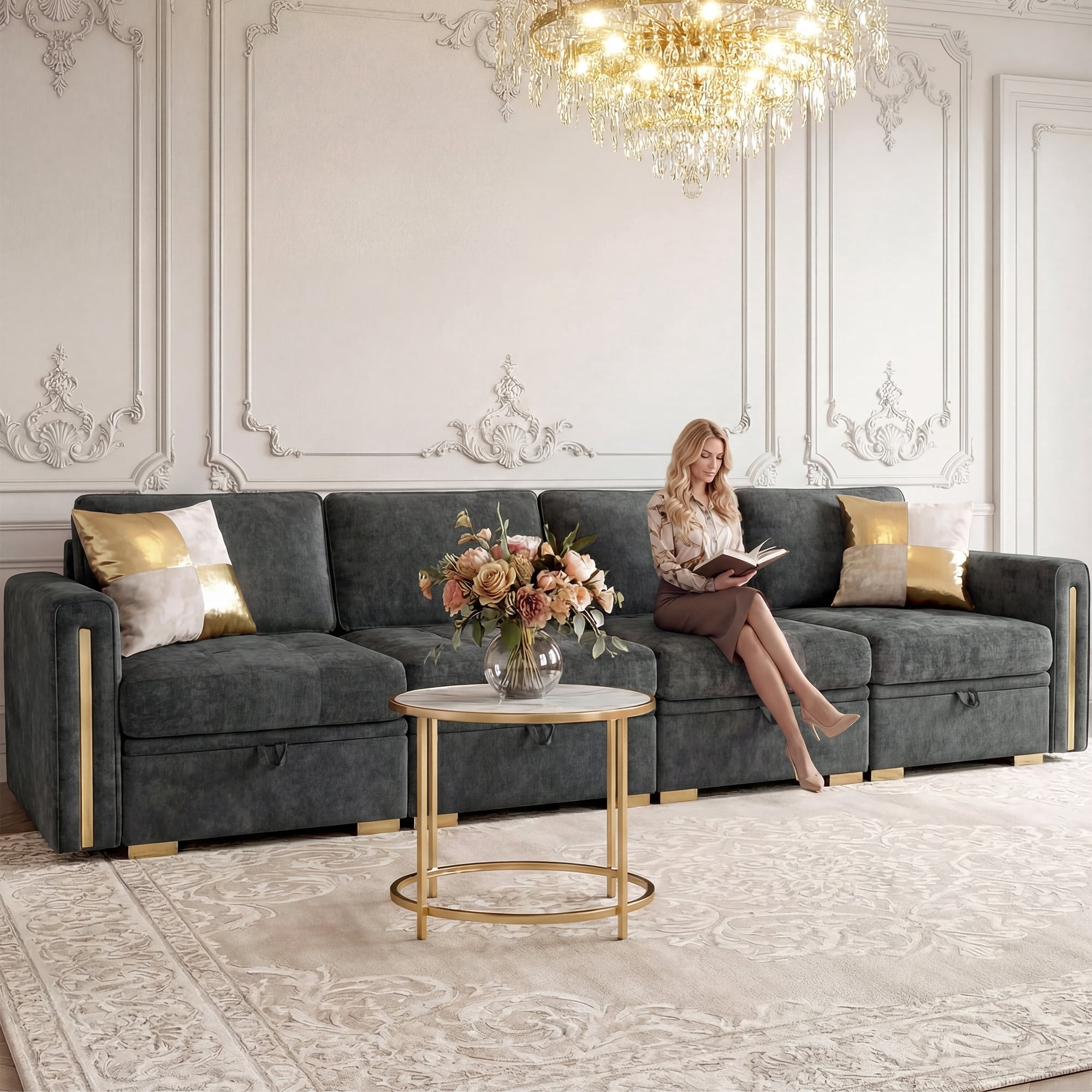 Advwin 132" 4-Seater Oversized Modular Sectional Sofa with Storage Under Each Seat & Gold Metal Accents, Modern Luxury Chenille Convertible Cloud Couch for Living Room, Dark Gray