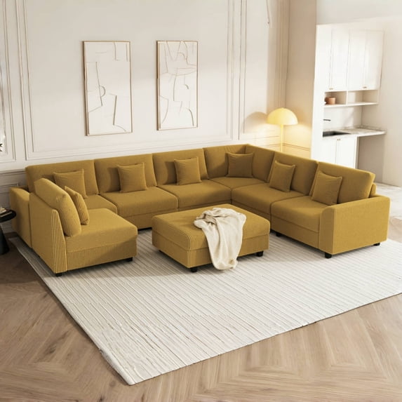 Advwin Oversized Modular Sectional Sofa, 8 Seater U-Shaped Corduroy Convertible Sleeper Lounge Couch with Ottoman & 5 Pillows, Deep Seat Cloud Couch for Living Room, Yellow