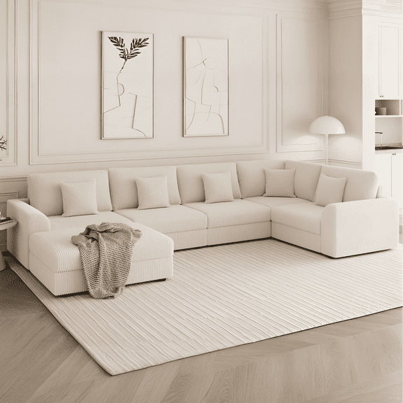 Advwin 146" Oversized Corduroy Modular Sectional Sofa, 6-Seat Convertible Sleeper Sofa with Ottoman & 5 Pillows, Modern L-Shaped Lounge Couch for Living Rooms, Beige