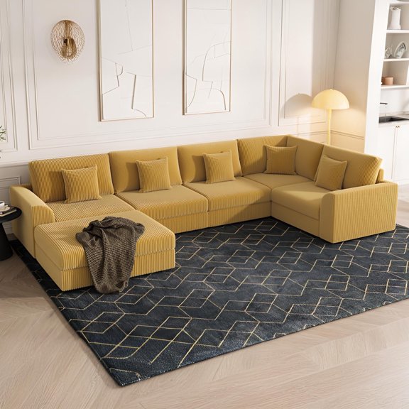 Advwin 146" Oversized Corduroy Modular Sectional Sofa, 6-Seat Convertible Sleeper Sofa with Ottoman & 5 Pillows, Modern L-Shaped Lounge Couch for Living Rooms, Yellow