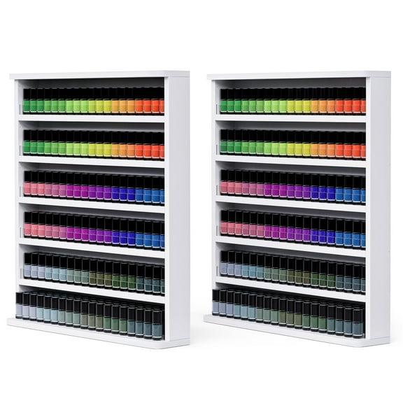 Advwin 2 Pcs Wall Mount Nail Polish Racks, 6 Tier Wood Nail Polish Organizer, Nail Salon Storage Display Shelves, Perfume Essential Oil Bottles Holder w/ Acrylic Baffle, White