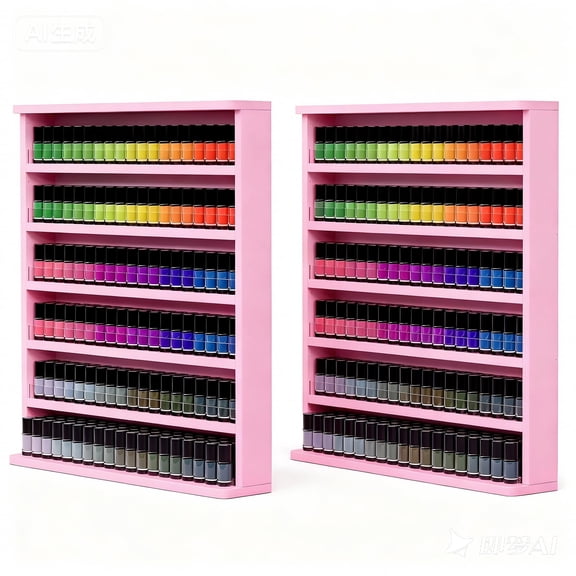 Advwin 2 Pcs Wall Mount Nail Polish Racks, 6 Tier Wood Nail Polish Organizer, Nail Salon Storage Display Shelves, Perfume Essential Oil Bottles Holder w/ Acrylic Baffle, Pink