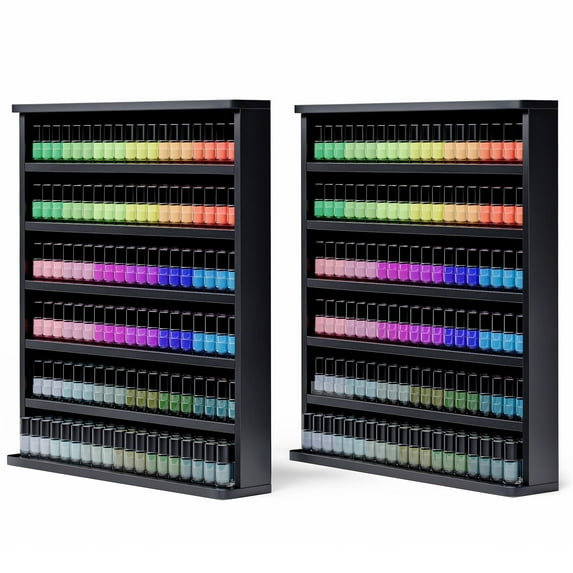 Advwin 2 Pcs Wall Mount Nail Polish Racks, 6 Tier Wood Nail Polish Organizer, Nail Salon Storage Display Shelves, Perfume Essential Oil Bottles Holder w/ Acrylic Baffle, Black