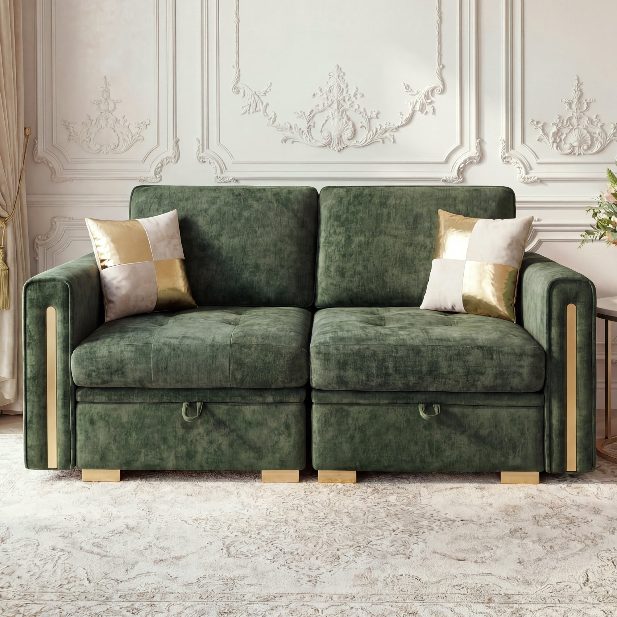 Advwin 2-Seater Oversized Modular Sectional Sofa with Storage Under Each Seat & Gold Metal Accents, Modern Luxury Chenille Loveseat with Extra Deep Seats for Living Room, Dark Green