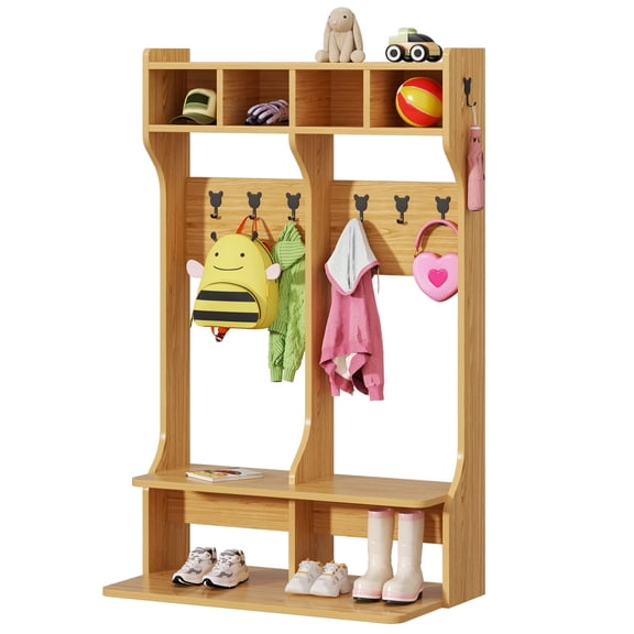 Advwin 2-Section Coat Locker with Bench, Daycare Cubby Storage with 8 Bear Hooks & 4 Cubbies, Kindergarten Kids Locker for Classroom, Preschool, Nursery & Home, Wood