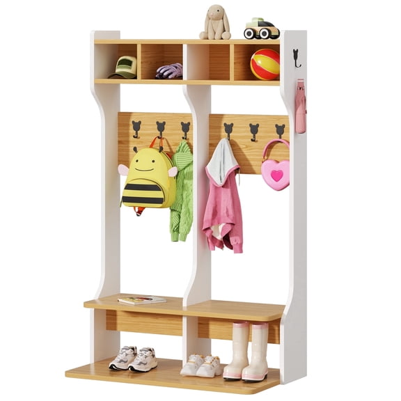 Advwin 2-Section Coat Locker with Bench, Daycare Cubby Storage with 8 Bear Hooks & 4 Cubbies, Kindergarten Kids Locker for Classroom, Preschool, Nursery & Home, White/Wood