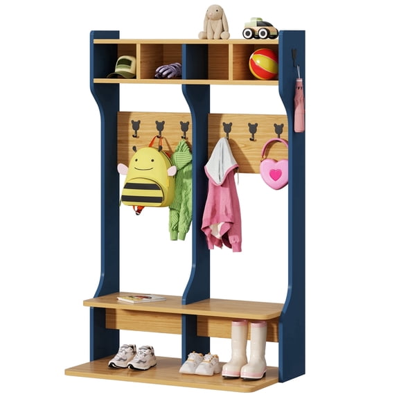 Advwin 2-Section Coat Locker with Bench, Daycare Cubby Storage with 8 Bear Hooks & 4 Cubbies, Kindergarten Kids Locker for Classroom, Preschool, Nursery & Home, Blue/Wood