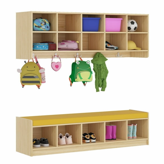 Advwin 10 Section Wall Cubbies with Cushion Shoe Storage Bench and Hooks, Wall Mounted Wooden Storage Organizer Shelves for Classroom, Daycare, Home, Nursery