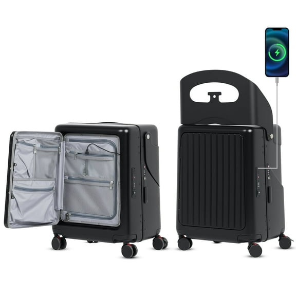 Advwin 20" Ride-On Suitcase for Kids & Adults, Hardshell Carry-On Luggage w/ Child Seat, Front Opening, USB Port, TSA Lock, 4 Spinner Wheels for Travel, Black
