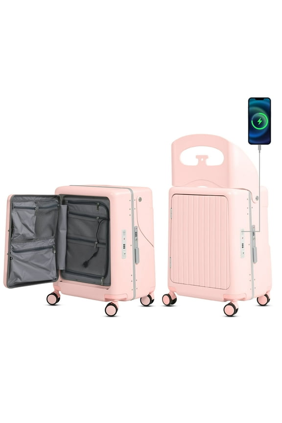 20" Ride-On Suitcase for Kids & Adults, Hardshell Carry-On Luggage w/ Child Seat, Front Opening, USB Port, TSA Lock, 4 Spinner Wheels for Travel, Pink
