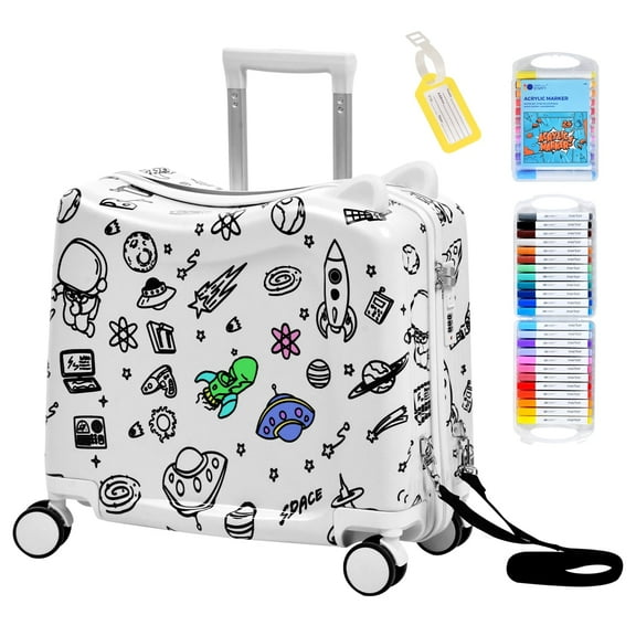 Advwin 20" Ride On Suitcase for Kids, Fun DIY Coloring Carry-On Luggage with 24 Waterproof Markers, Pull Strap & Spinner Wheels, Hardshell Rideable Travel Luggage for Children, White
