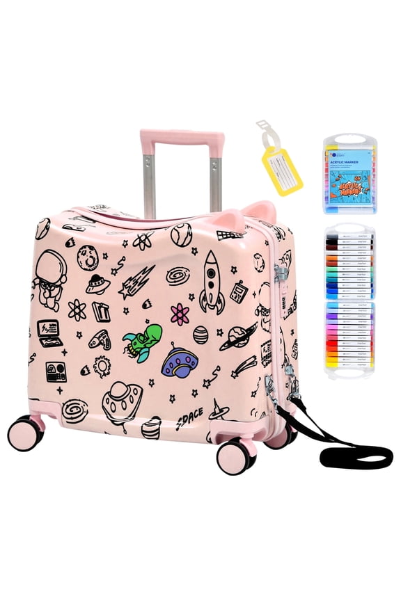 20" Ride On Suitcase for Kids, Fun DIY Coloring Carry-On Luggage with 24 Waterproof Markers, Pull Strap & Spinner Wheels, Hardshell Rideable Travel Luggage for Children, Pink
