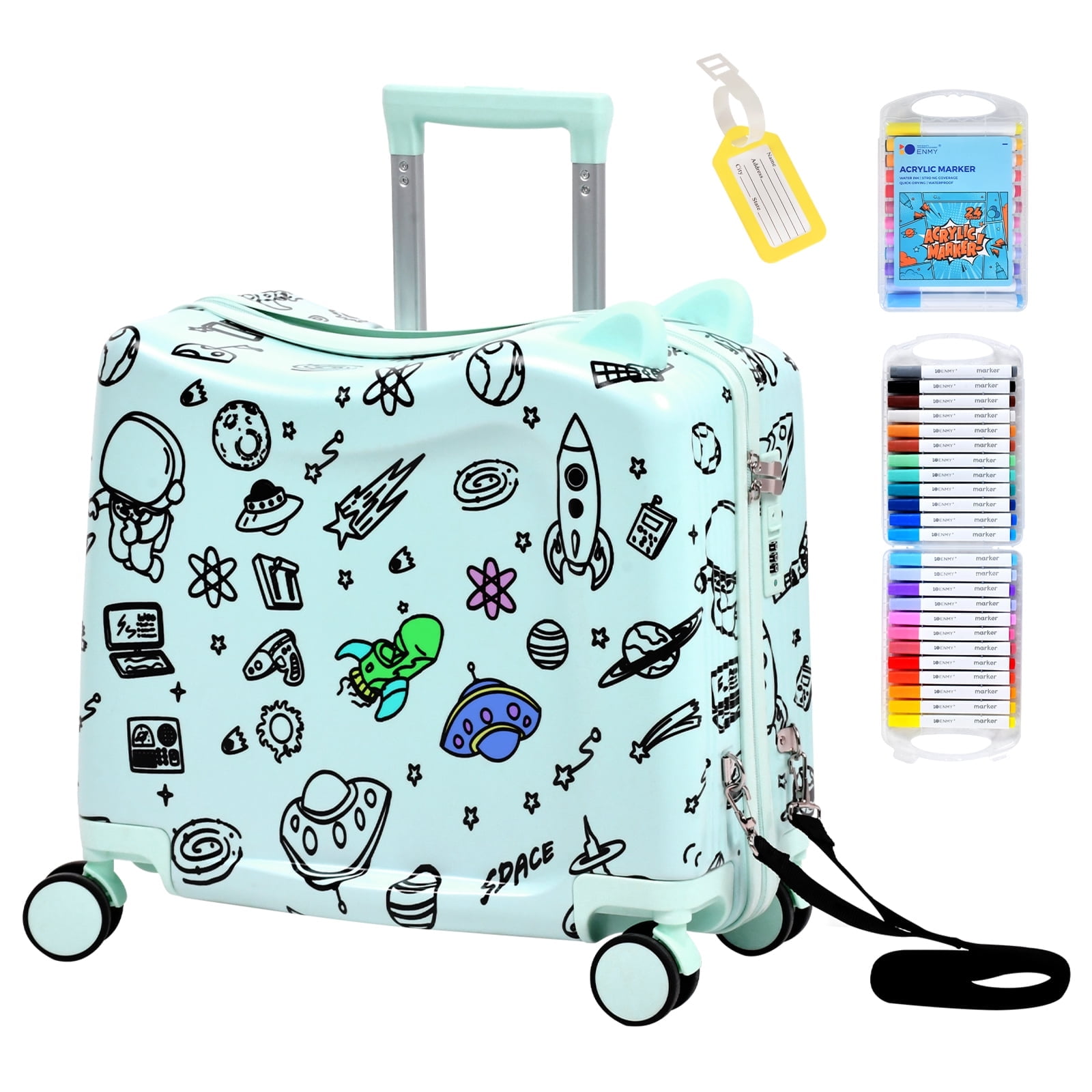 Advwin 20" Ride On Suitcase for Kids, Fun DIY Coloring Carry-On Luggage with 24 Waterproof Markers, Pull Strap & Spinner Wheels, Hardshell Rideable Travel Luggage for Children, Mint Green