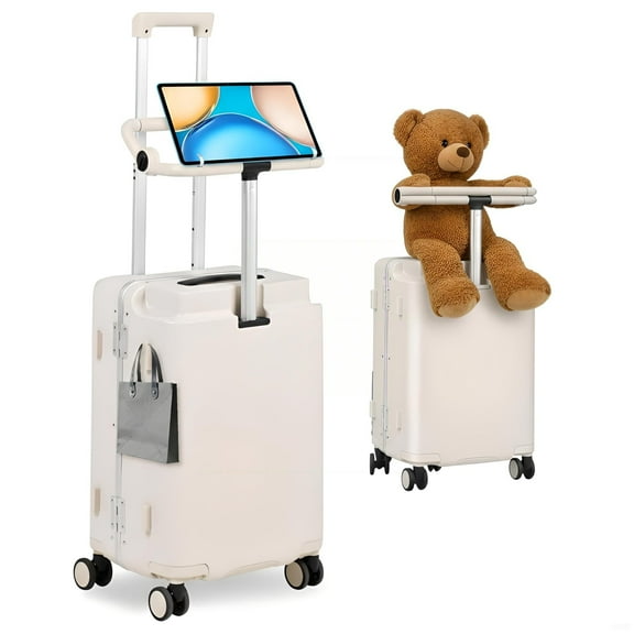 Advwin 20" Ride On Luggage with Foldable Seat, Cup/Tablet Holder, 6 PCs Packing Cube Set & TSA Lock, Hard Shell PC Spinner Travel Suitcase for Kids & Adults, Beige