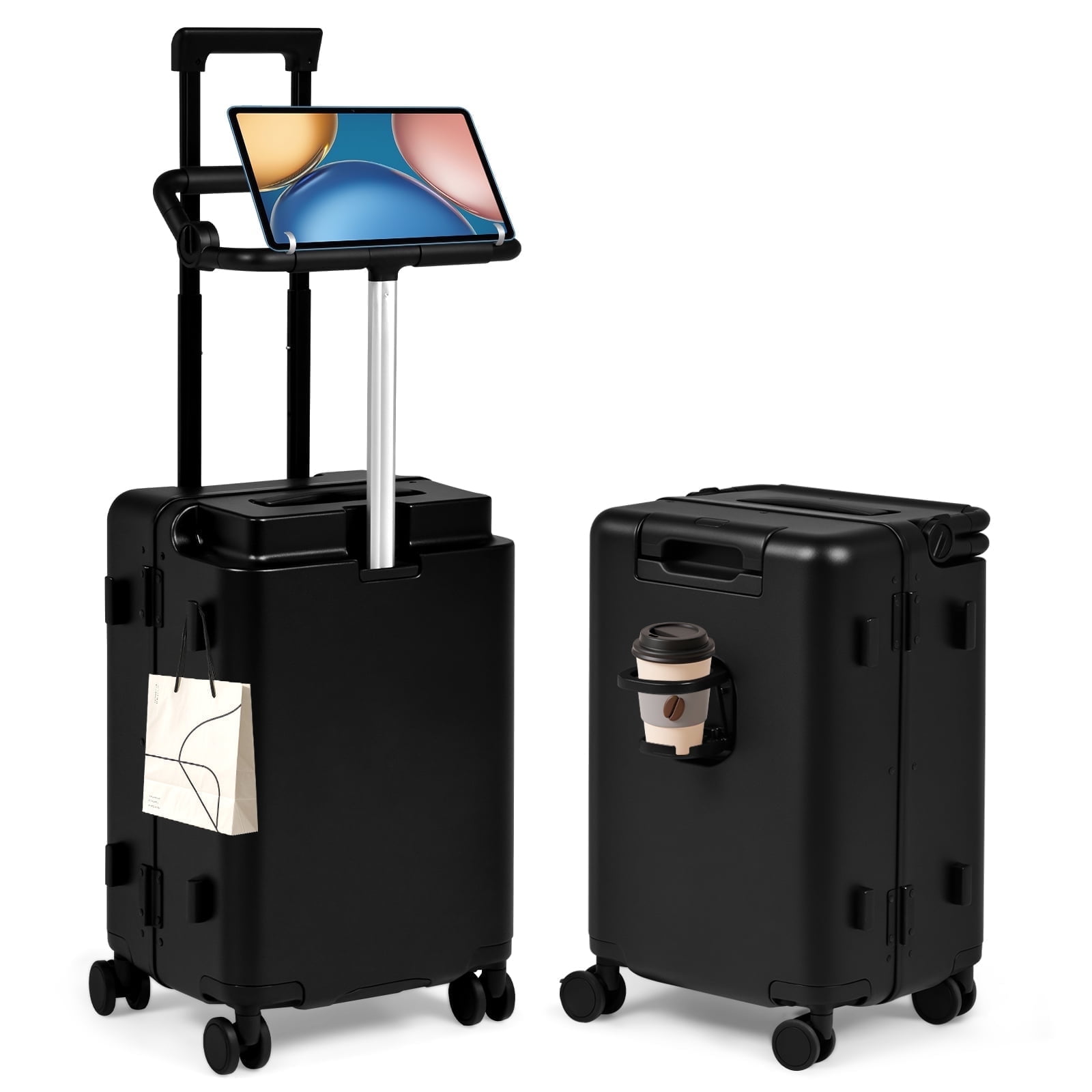 Advwin 20" Ride On Luggage with Foldable Seat, Cup/Tablet Holder, 6 PCs Packing Cube Set & TSA Lock, Hard Shell PC Spinner Travel Suitcase for Kids & Adults, Black