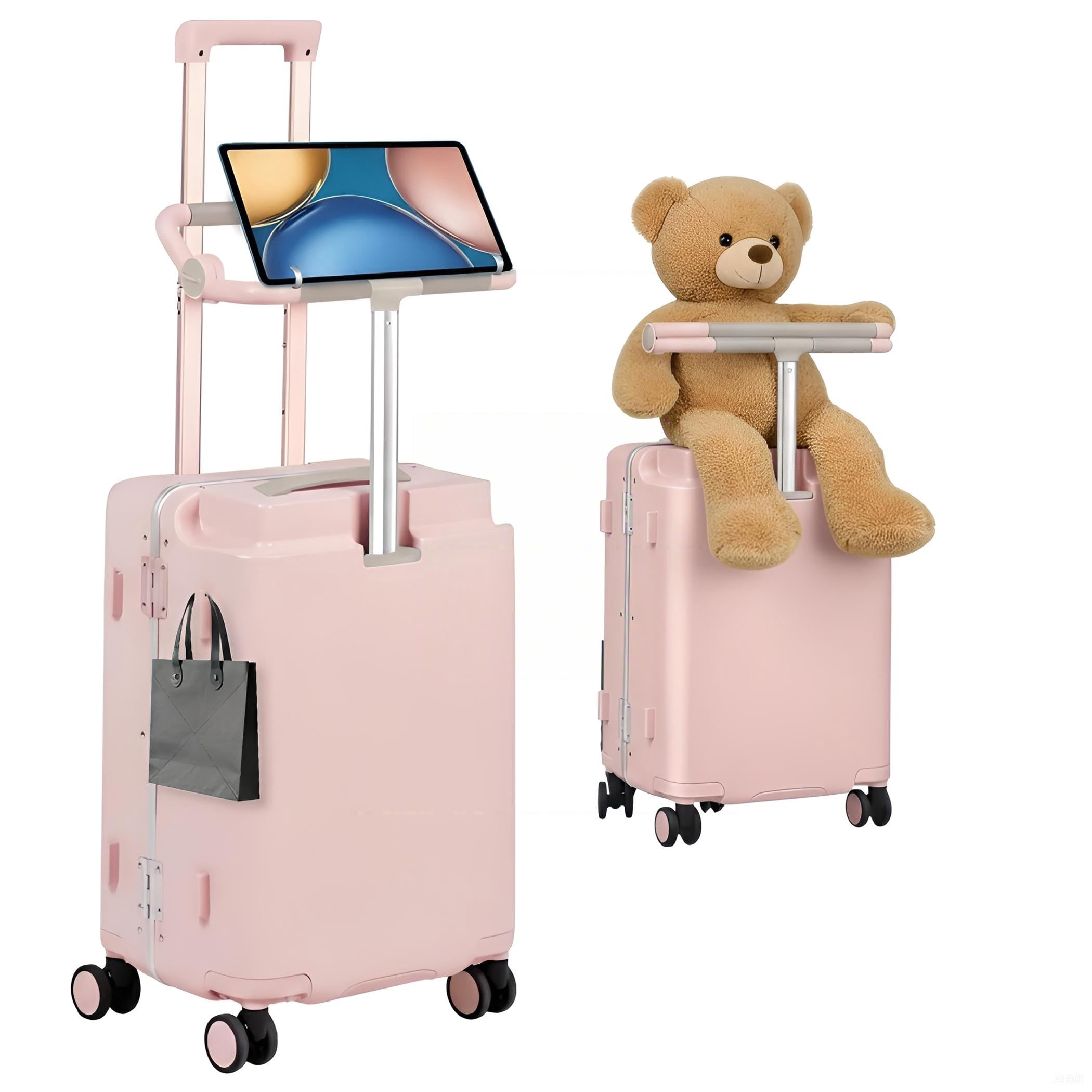 Advwin 20" Ride On Luggage with Foldable Seat, Cup/Tablet Holder, 6 PCs Packing Cube Set & TSA Lock, Hard Shell PC Spinner Travel Suitcase for Kids & Adults, Pink