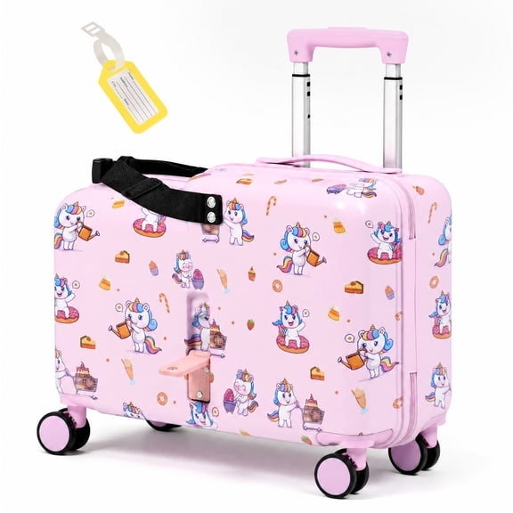 Advwin 21" Kids Ride-On Luggage with Safety Belt, Foldable Footrest & Spinner Wheels, Hardside Travel Suitcase with Combination Lock & Adjustable Handle for Children, Pink Unicorn