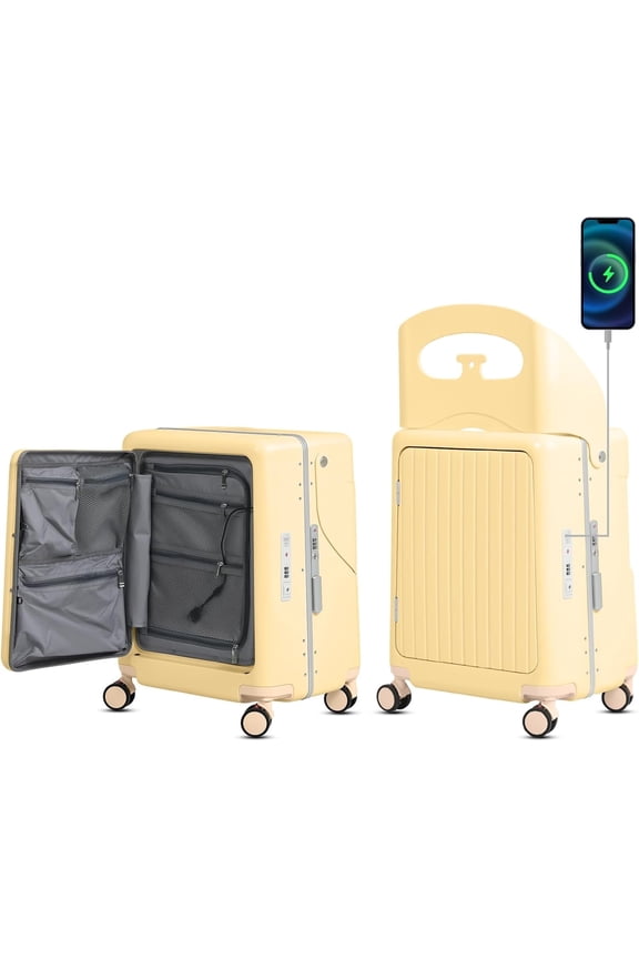 22" Multifunctional Hardshell Ride On Suitcase with Front Opening, Child Seat, USB Port, TSA Lock & 4 Spinner Wheels, Yellow
