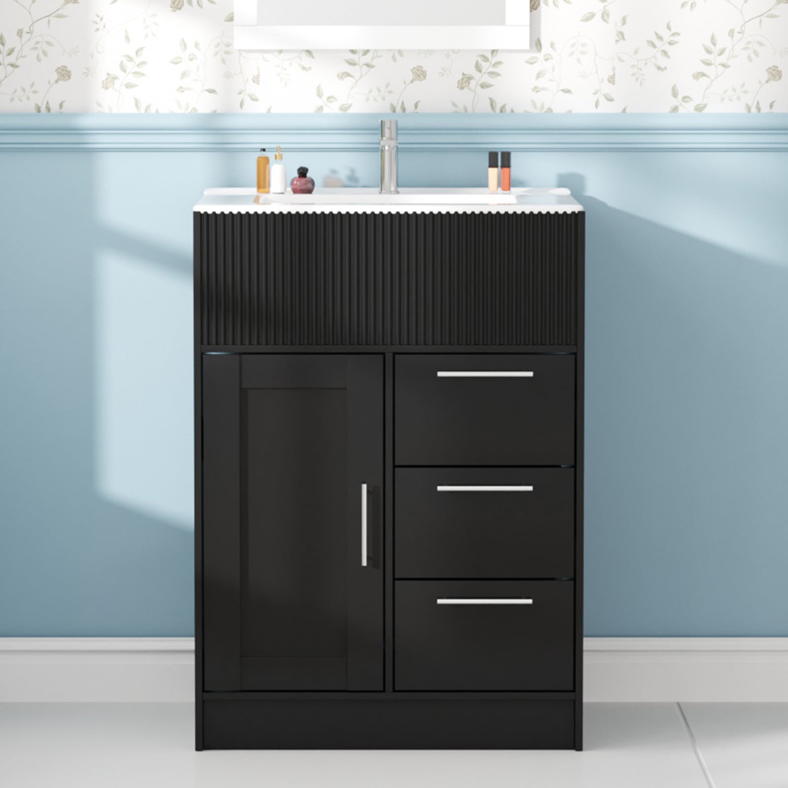 Advwin 24" Freestanding Bathroom Vanity with Ceramic Sink, Modern Bathroom Storage Cabinet with 3 Drawers, Black