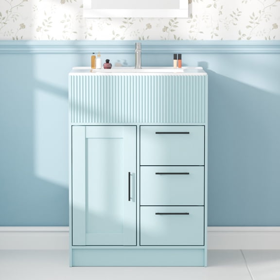 Advwin 24" Freestanding Bathroom Vanity with Ceramic Sink, Modern Bathroom Storage Cabinet with 3 Drawers, Light Blue