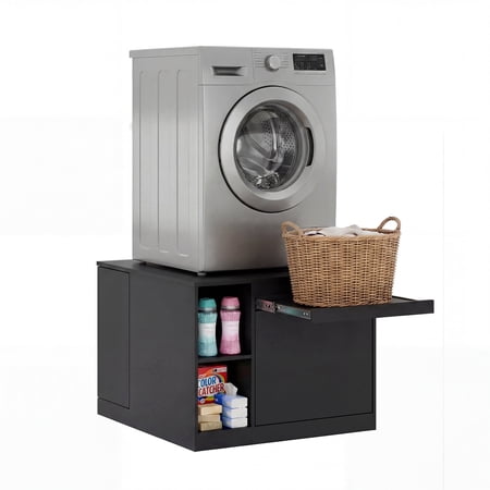 Advwin 29" Washer and Dryer Pedestal, Heavy Duty Washing Machine Stand with Laundry Basket Shelf, Large Drawer, Storage Shelf & Cabinet, Universal Fit Anti-Vibration Laundry Pedestal, Black
