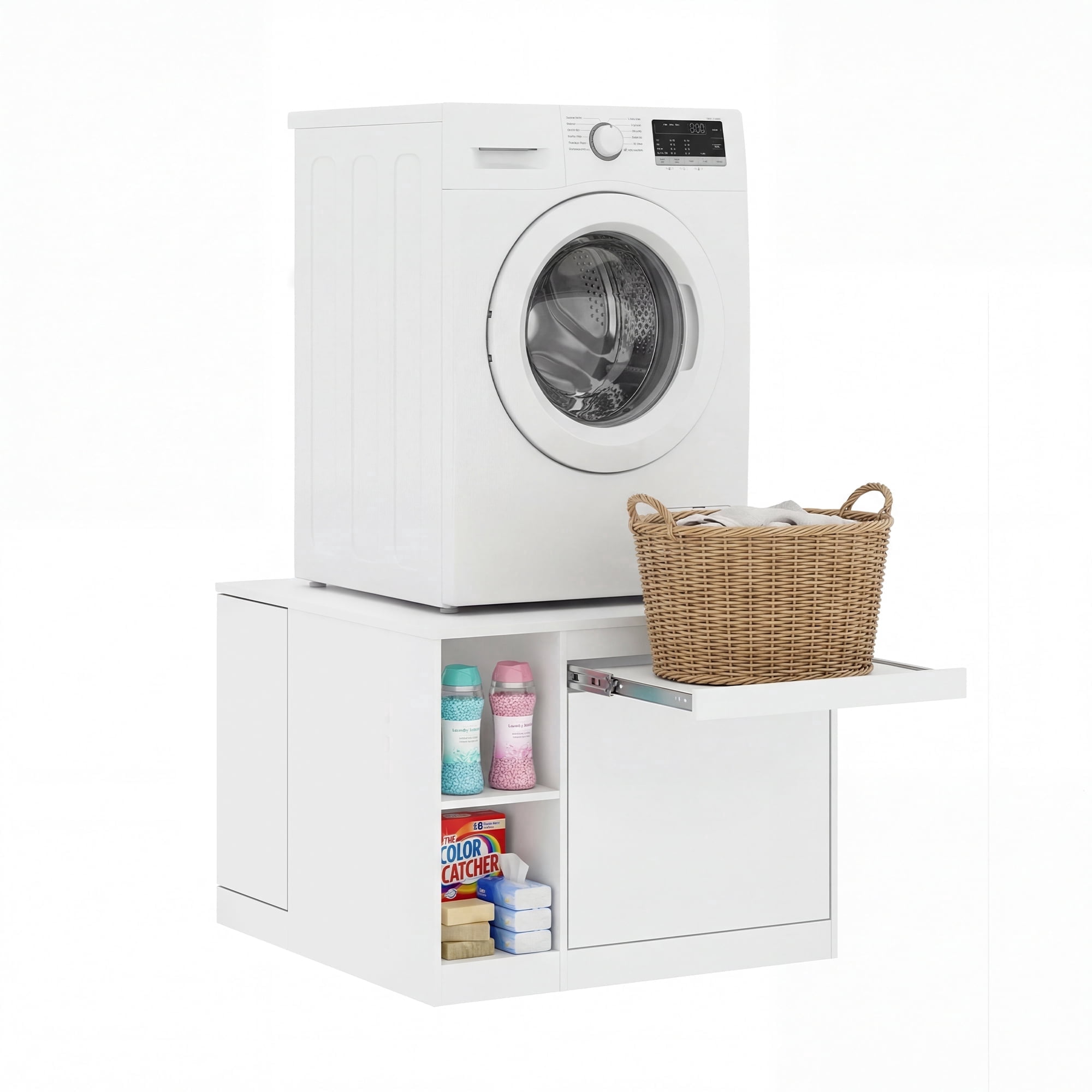 Advwin 29" Washer and Dryer Pedestal, Heavy Duty Washing Machine Stand with Laundry Basket Shelf, Large Drawer, Storage Shelf & Cabinet, Universal Fit Anti-Vibration Laundry Pedestal, White