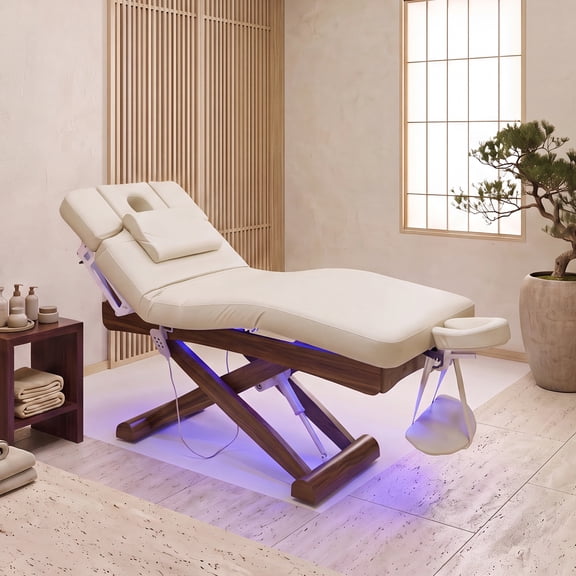 Advwin 3-Motor Electric Massage Table with Adjustable Height, Backrest & Leg Rest, Power Outlet & LED Light, Solid Wood Frame Rolling Spa Bed for Facial, Tattoo, Lash, Esthetician & Salon, Champagne