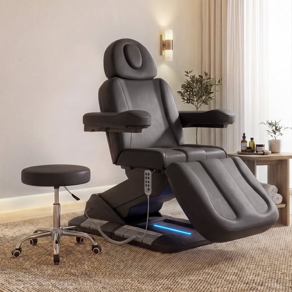 Advwin 3-Motor Fully Electric Massage Table with Stool, Professional Esthetician Bed with LED Light & Dual Control, Adjustable Beauty Spa Bed for Facial, Medical & Tattoo, Black