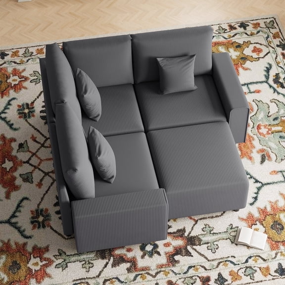 Advwin 3-Seater Oversized Corduroy Sectional Sofa with Ottoman, Comfy U-Shaped Cloud Modular Couch with Extra-Deep Seating & Removable Covers, Convertible Sleeper Sofa for Living Room, Dark Gray