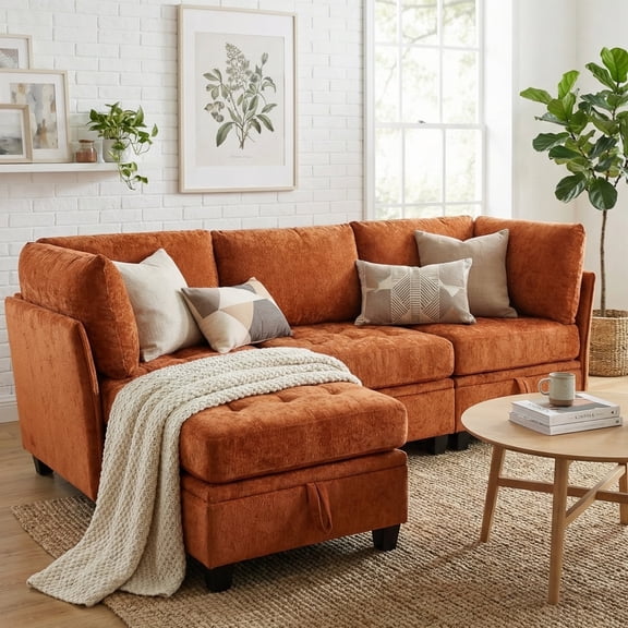 Advwin 3-Seater Oversized Modular Sectional Sofa with Storage Under Each Seat & Ottoman, Modern Chenille Sectional Couch Sleeper with Extra Wide & Deep Seats for Living Room, Orange