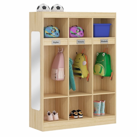 Advwin 3-Section Classroom Coat Locker with 6 Cubbies, 6 Hooks & Acrylic Mirror, Kindergarten Wooden Lockers with Raised Edges for Home, School, Nursery, Daycare