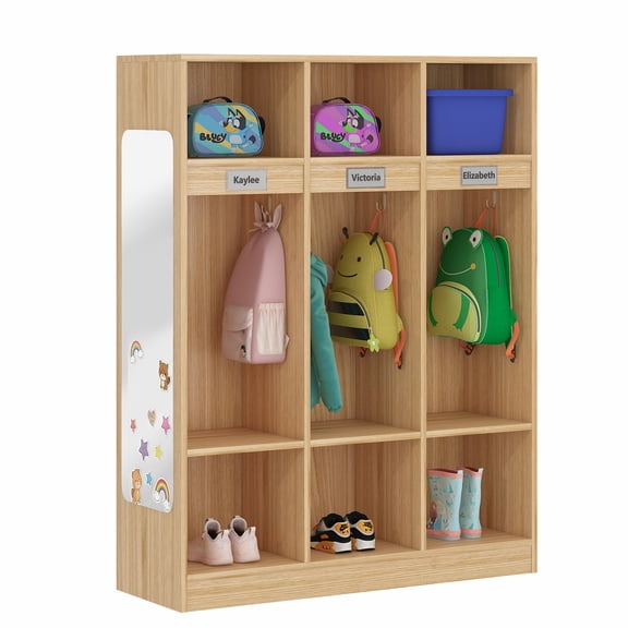 Advwin 3-Section Classroom Coat Locker with 6 Cubbies, 6 Hooks & Acrylic Mirror, Wooden Backpack Storage Cubby for School, Kindergarten, Nursery, Daycare & Home