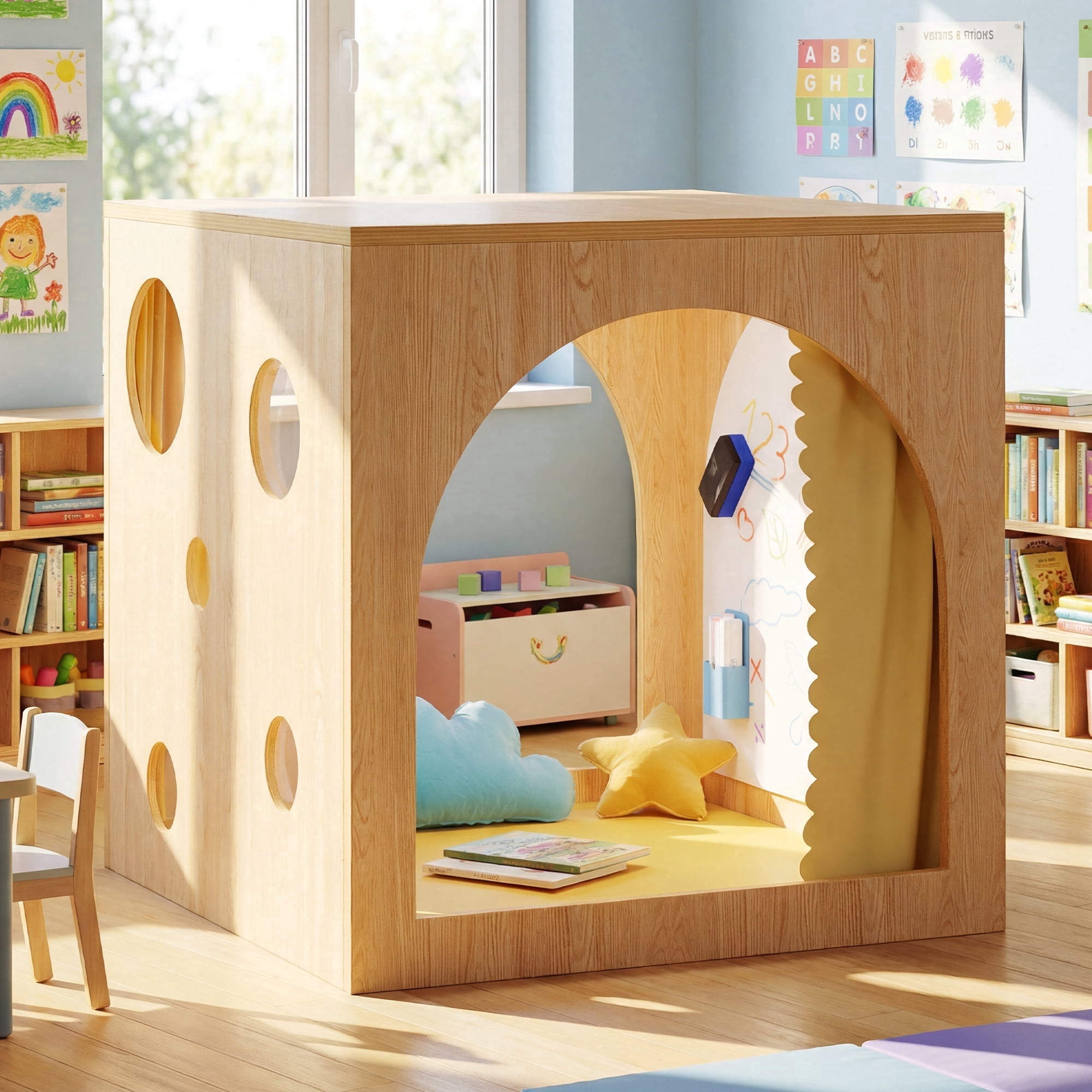 Advwin 30" Cozy Reading Cube with Curtains, Cushion Mat & Light, Wood Reading Nook Quiet Corner Playhouse with Whiteboard, Bookshelf & Acrylic Window Panel for Home School Classroom Daycare, Yellow