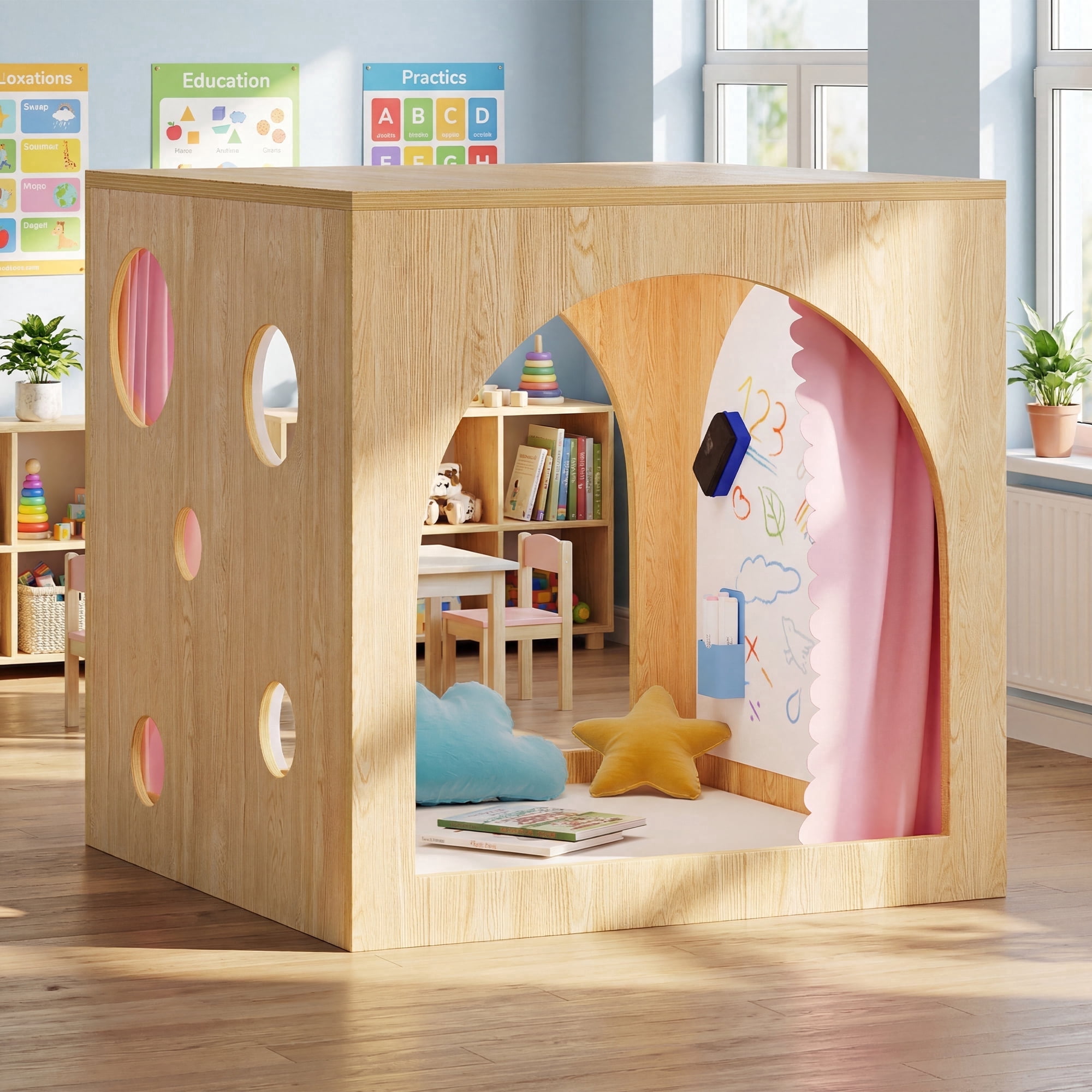 Advwin 30" Cozy Reading Cube with Curtains, Cushion Mat & Light, Wood Reading Nook Quiet Corner Playhouse with Whiteboard, Bookshelf & Acrylic Window Panel for Home School Classroom Daycare, Pink