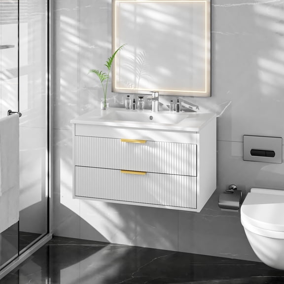 Advwin 30" Floating Bathroom Vanity with Ceramic Sink, Wall-Mounted Storage Cabinet with Motion Sensor Light, U-Shaped Drawer, White