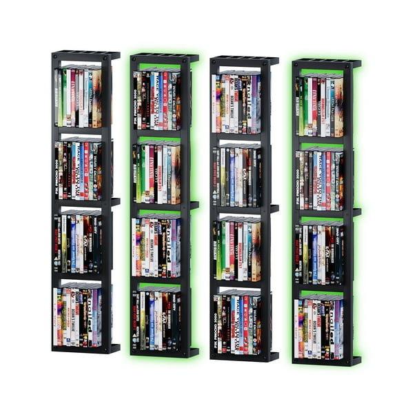Advwin Wall-Mounted CD DVD Storage Rack with RGB Light Strip, Set of 4 Metal Floating Shelves with Hooks, Versatile Media Organizer for Movies, Video Games, Books & More