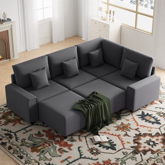 Advwin 4-Seater Oversized Corduroy Sectional Sofa with 2 Ottomans, Comfy U-Shaped Cloud Modular Couch with Extra-Deep Seating & Removable Covers, Convertible Sleeper Sofa for Living Room, Dark Gray