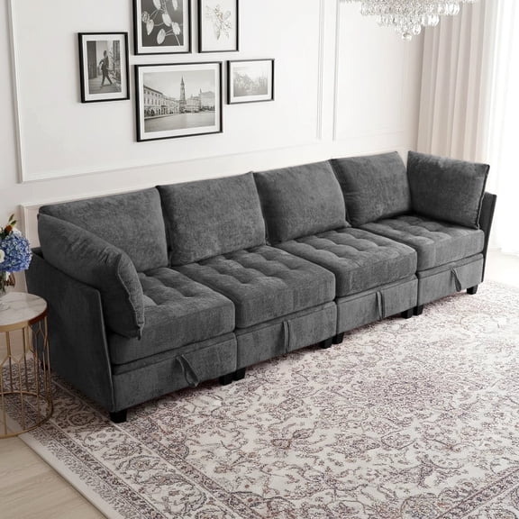 Advwin 4-Seater Oversized Modular Sectional Sofa with Storage Under Each Seat, Modern Chenille Sectional Couch Sleeper with Extra Wide & Deep Seats for Living Room, Dark Gray