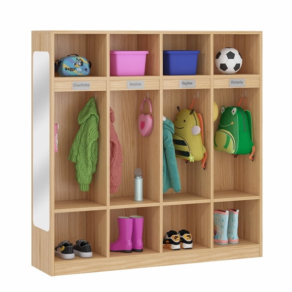 Advwin 4-Section Classroom Coat Locker with 8 Cubbies, 8 Hooks & Acrylic Mirror, Kindergarten Wooden Lockers for Home, School, Nursery, Daycare