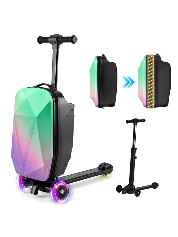 4-in-1 Expandable Scooter Luggage for Kids, Detachable Ride-On Carry On Suitcase with LED Light-Up Wheels, Foldable Hardside Travel Case, Convertible Backpack, Purple-Green Gradient