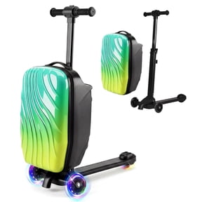 Advwin 4-in-1 Scooter Luggage for Kids, Detachable Ride-On Carry On Suitcase with LED Light-Up Wheels, Foldable Hardside Travel Case , Convertible Backpack, Gradient Ombre Green
