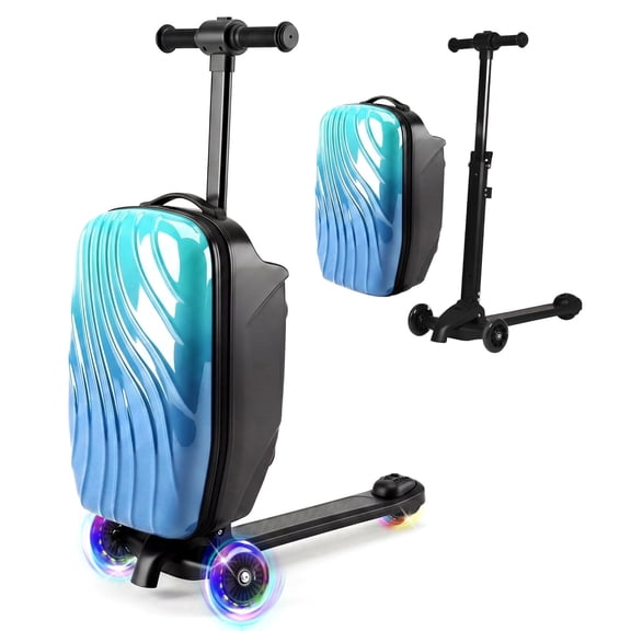 Advwin 4-in-1 Scooter Luggage for Kids, Detachable Ride-On Carry On Suitcase with LED Light-Up Wheels, Foldable Hardside Travel Case , Convertible Backpack, Gradient Ombre Blue