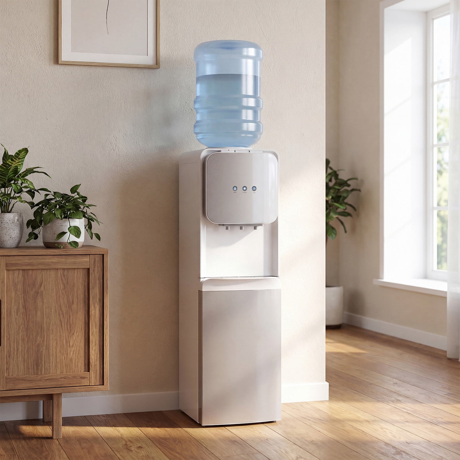 Advwin 4-in-1 Water Cooler Dispenser with Ice Maker, Hot & Cold Water, 33 lb Ice per Day, Ice Ready in 7 Minutes, Top Loading 3–5 Gallon, Child Safety Lock, White/Silver