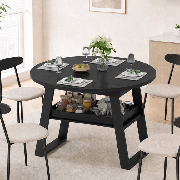Advwin 43"-59" Extendable Round Dining Table for 4-8 People, Expandable Oval Kitchen Table with Pull-Out Storage Shelf & Metal Frame for Small Spaces, Apartment, Kitchen, Living Room, Black