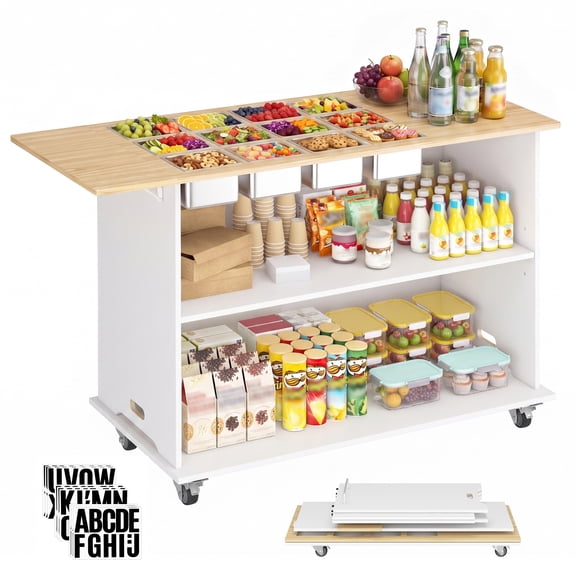 Advwin 46" Portable Charcuterie Cart, Foldable Buffet Serving Cart with Drop Leaf Tabletop, 12 Food Pan Openings, 1/6 GN Compatible, Fold-Flat Buffet Table on Wheels for Catering, Parties & Events