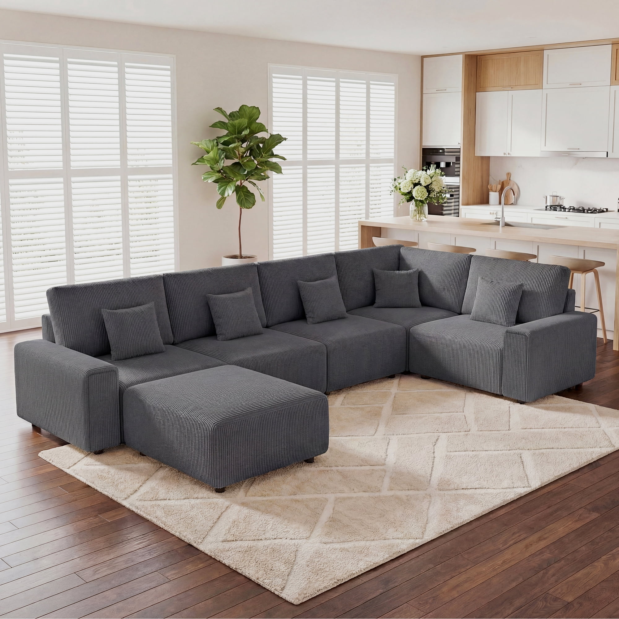 Advwin 5-Seater Oversized Corduroy Sectional Sofa with Ottoman, Comfy U-Shaped Cloud Modular Couch with Extra-Deep Seating & Removable Covers, Convertible Sleeper Sofa for Living Room, Dark Gray