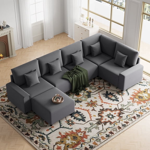 Advwin 5-Seater Oversized Corduroy Sectional Sofa with Ottoman, Comfy U-Shaped Cloud Modular Couch with Extra-Deep Seating & Removable Covers, Convertible Sleeper Sofa for Living Room, Dark Gray
